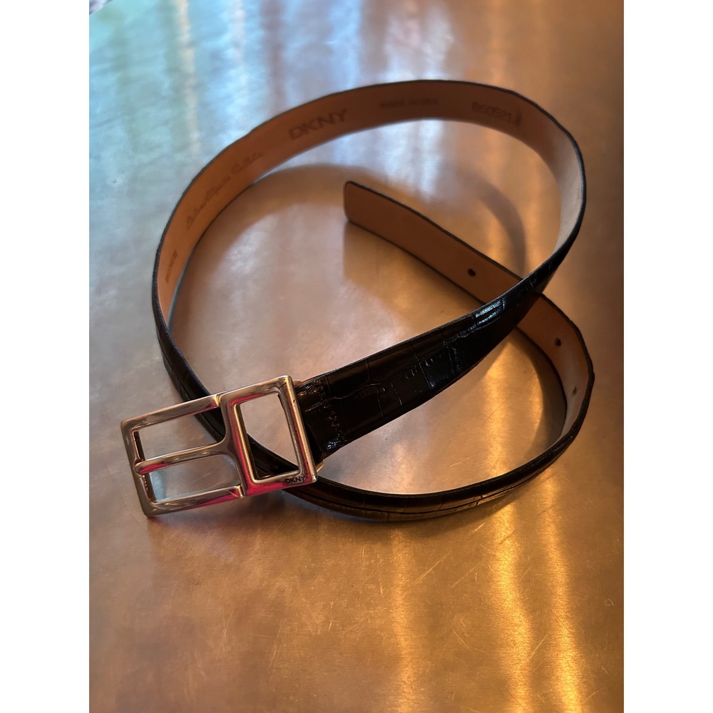 DKNY Black Belt Italian Alligator Calfskin Leather Silver Buckle Medium